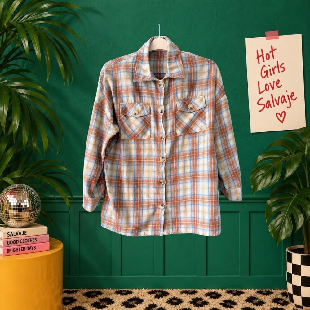 Rust & Baby Blue Cream Oversized Plaid Grandpacore Flannel 90s Fall Western